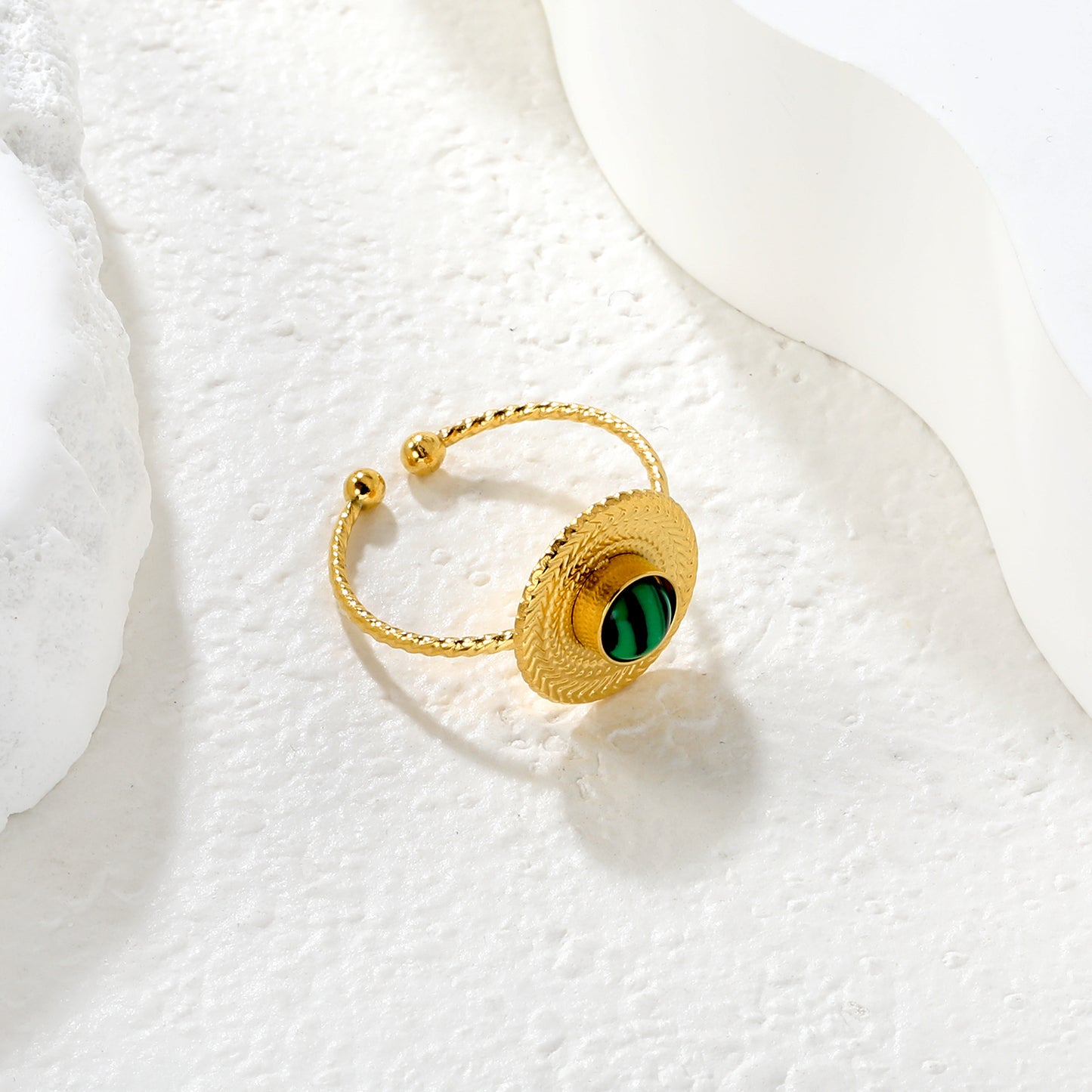 Dainty Malachite Stone Cuff Ring | Waterproof Stainless Steel for Women