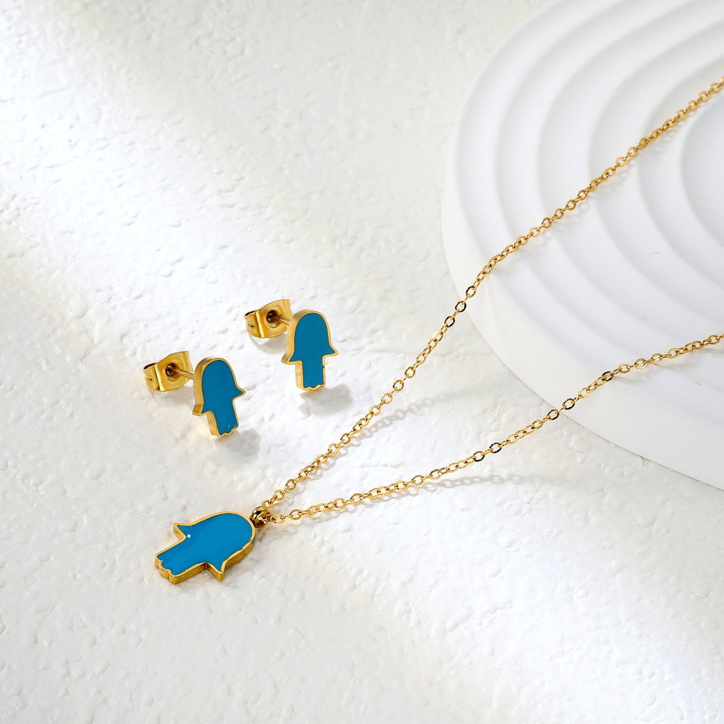 8.7x10.8mm Gold Stud Earrings + 10.7x13.6mm Pendant Set - 0.3mm Cross Chain (40+5cm) & 6mm Tag - Stainless Steel Wholesale Jewelry