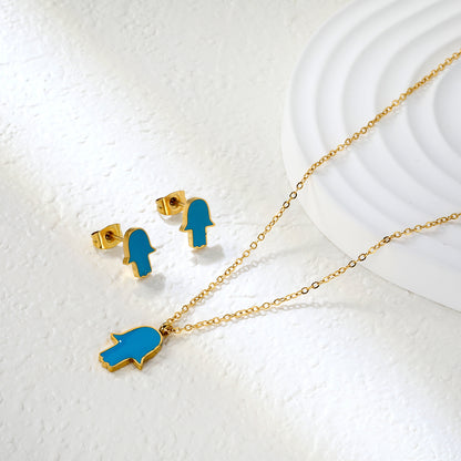8.7x10.8mm Gold Stud Earrings + 10.7x13.6mm Pendant Set - 0.3mm Cross Chain (40+5cm) & 6mm Tag - Stainless Steel Wholesale Jewelry