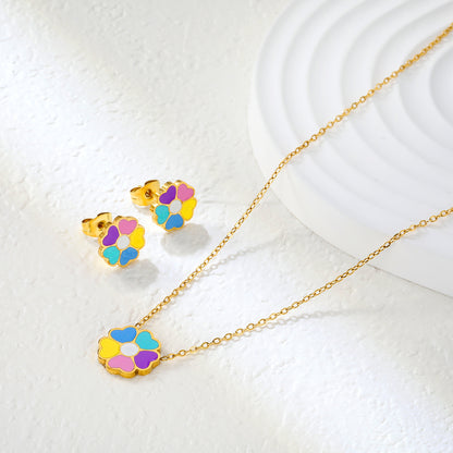 Bulk Colorful Flower Set Gold-Tone Stainless Steel Earrings & Necklace (4.3g) | Spring-Summer Wholesale Collection