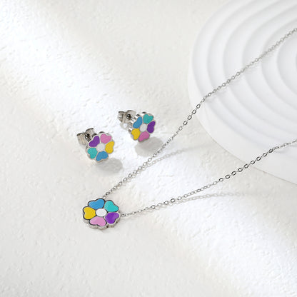 Bulk Colorful Flower Set Gold-Tone Stainless Steel Earrings & Necklace (4.3g) | Spring-Summer Wholesale Collection