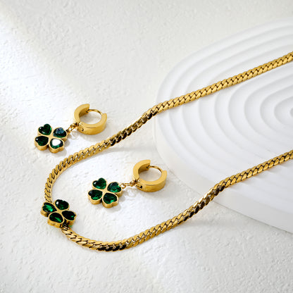 Wholesale Stainless Steel Clover Zircon Jewelry Set - Gold Earrings (13.4x13.6mm) & Pendant (12.1x12.1mm) with 3.8mm Dragon Chain 40+5cm