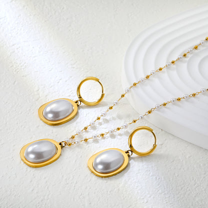 Wholesale Stainless Steel Pearl Jewelry Set - Gold Earrings & Pendant (16.3x23.6mm) with 3mm Pearls & 40+5cm Chain