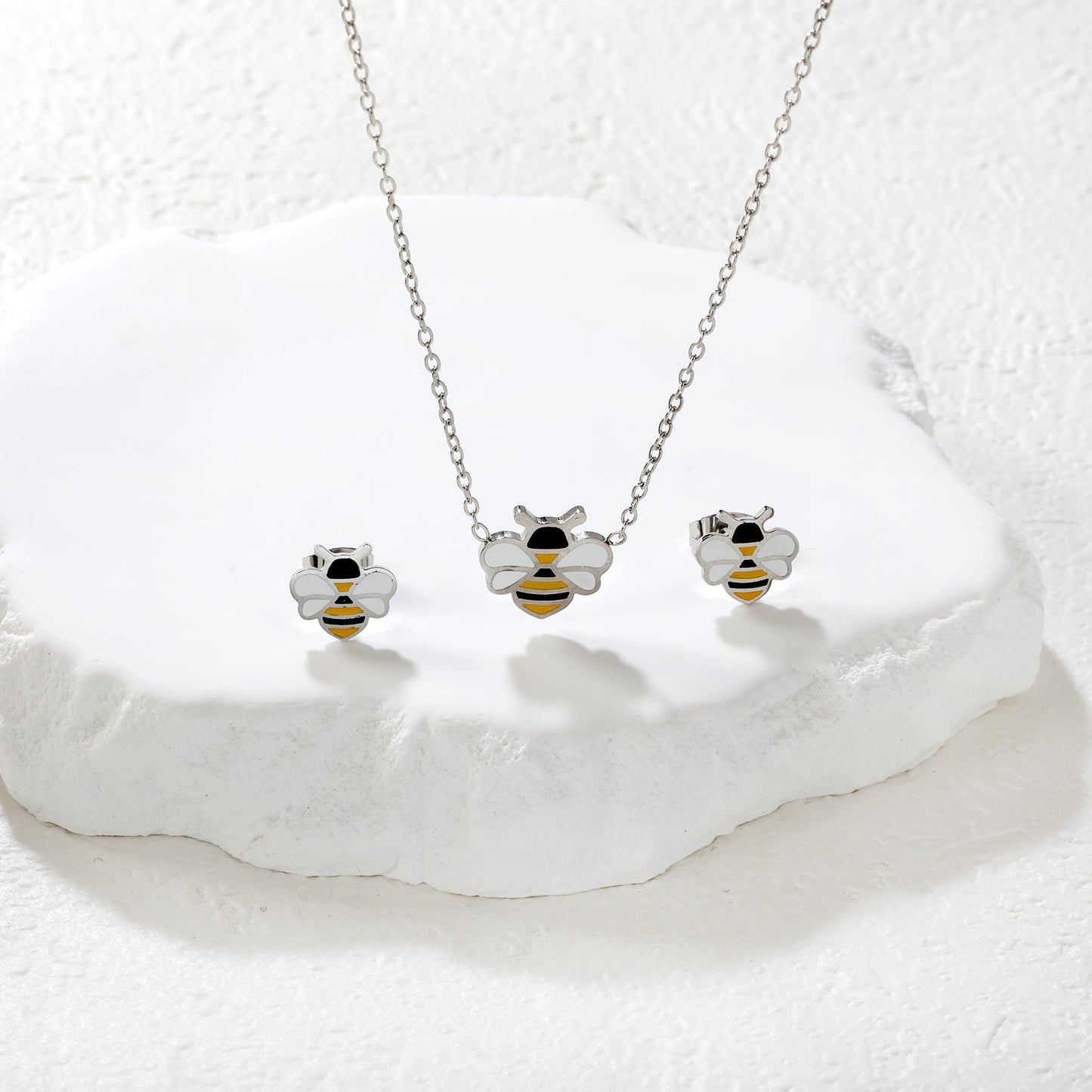 Wholesale Bee Jewelry Set - Enamel & Stainless Steel | Waterproof Hypoallergenic Earrings & Necklace | Matching Set
