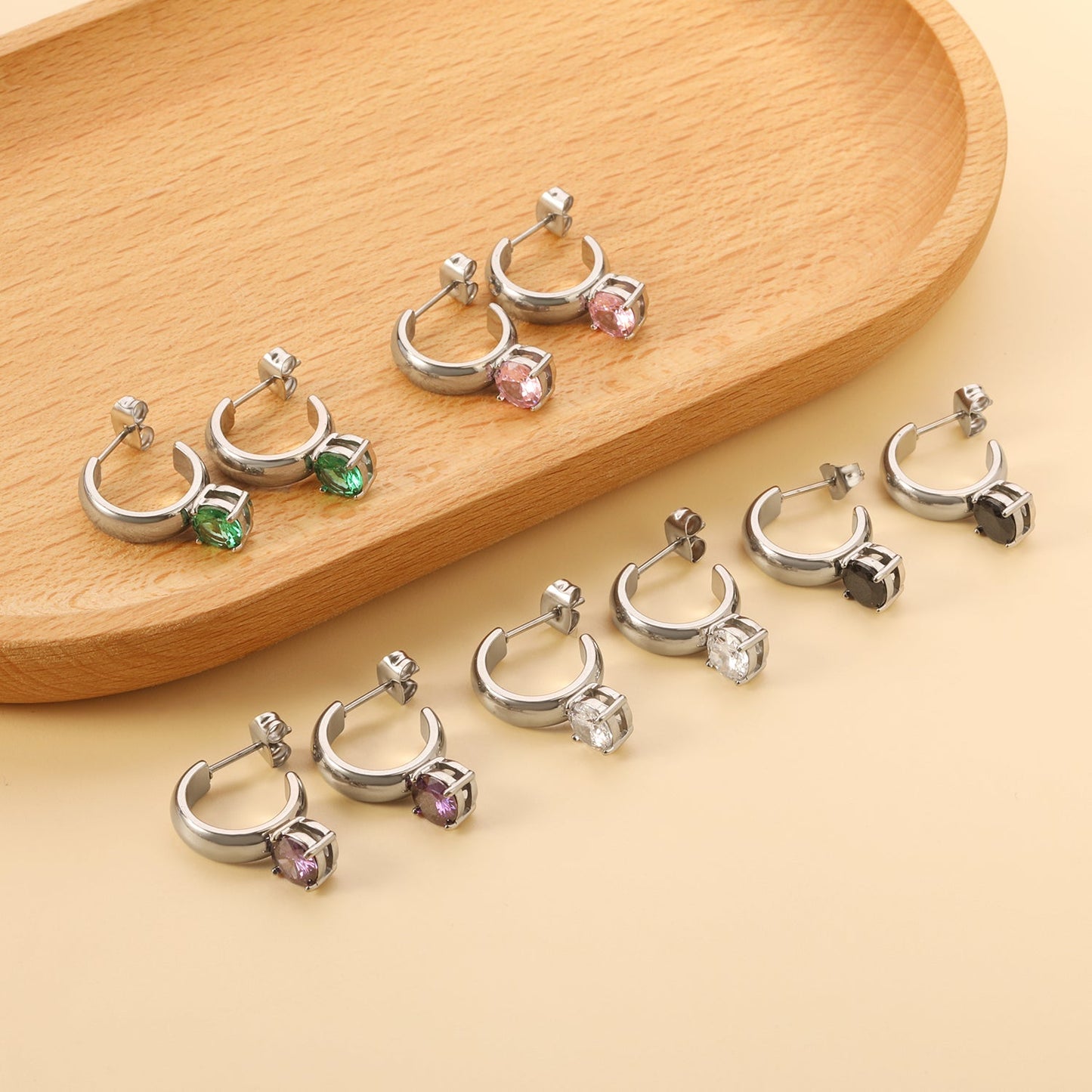 4.3*15mm C-shaped hoop with four scratches round white&black&purple&pink&green diamond stud earrings 6.2mm