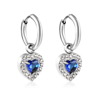 2*14mm Stainless Steel PVD 18k gold/Steel Earrings + 9.6*10.2mm blue zirconium heart shaped earrings gold color