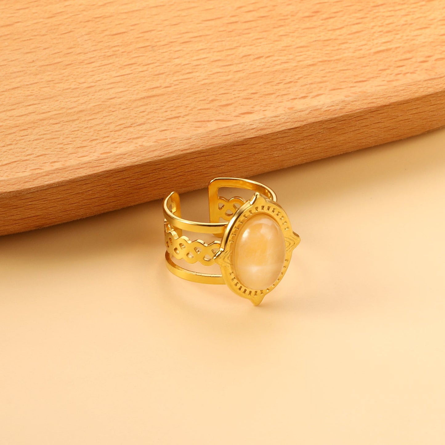 Open Oval Band with White Natural Stone Ring