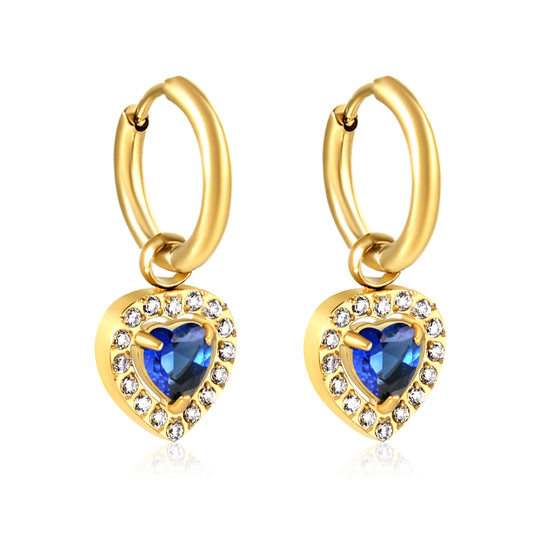 2*14mm Stainless Steel PVD 18k gold/Steel Earrings + 9.6*10.2mm blue zirconium heart shaped earrings gold color