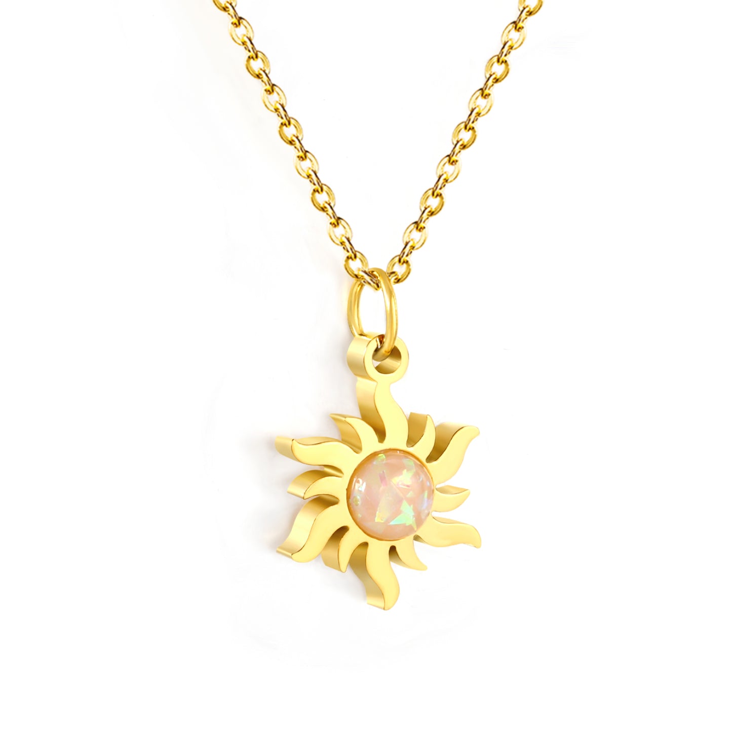 40+5cm Stainless Steel Jewelry Necklace 18k Gold Plated 11.4*15.2mm Cz Stone Sun Pendant Necklace