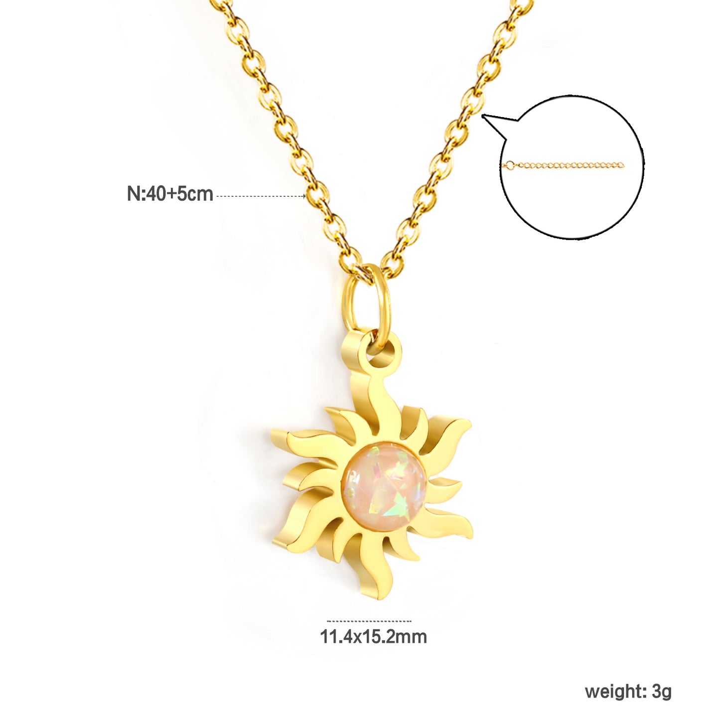 40+5cm Stainless Steel Jewelry Necklace 18k Gold Plated 11.4*15.2mm Cz Stone Sun Pendant Necklace
