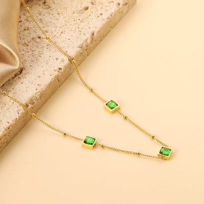 3 square white & red & lake blue & green diamond pendant bead chain necklace 39+5cm gold color