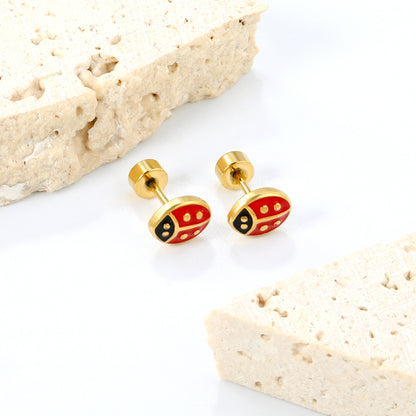 6*7.3mm Kids enamel drip oil Jewelry Red Ladybug Screw Back Earrings Lovely