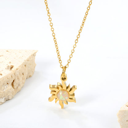 40+5cm Stainless Steel Jewelry Necklace 18k Gold Plated 11.4*15.2mm Cz Stone Sun Pendant Necklace