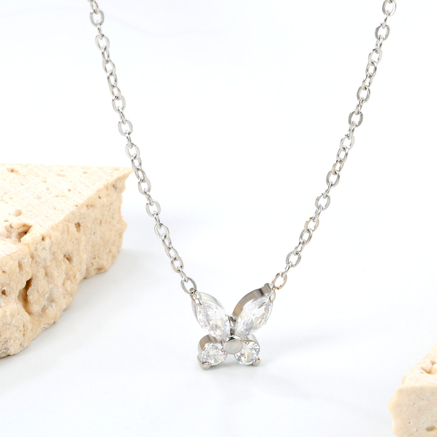 45+5cm Stainless Steel Necklace 8.8*9.1mm Dainty Zircon Butterfly Charm for Women Wholesale