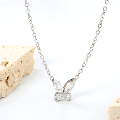 45+5cm Stainless Steel Necklace 8.8*9.1mm Dainty Zircon Butterfly Charm for Women Wholesale