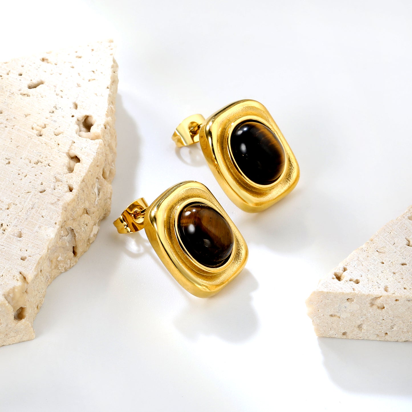 ✨ Natural Tiger Eye Studs Wholesale 14.4x17.2mm Mixed-Cut | Gold Plated Earrings | 6.5g Luxury Weight