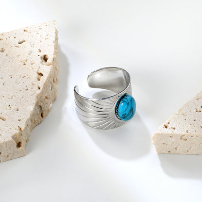 Stainless Steel Blue Turquoise Open Rings in Steel Color - 14.2mm Height, Wholesale Offer