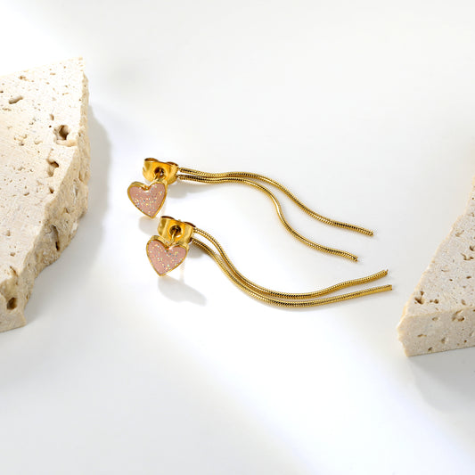 ✨ Trendy Tassel Heart Earrings Wholesale Pink Enamel & Gold Chain | Lightweight 1.7g | Hypoallergenic Ear Jewelry