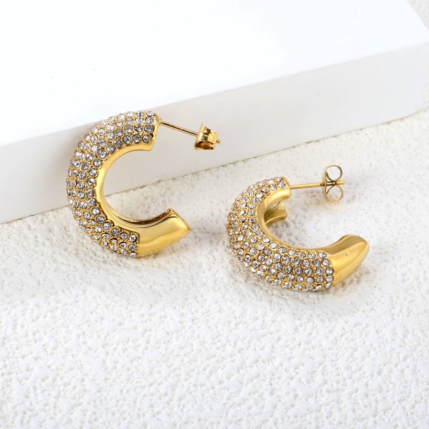 7.7*25mm C Shape Hoop Earrings Piercing Women Gold Plated Copper Cubic Zirconia Jewelry