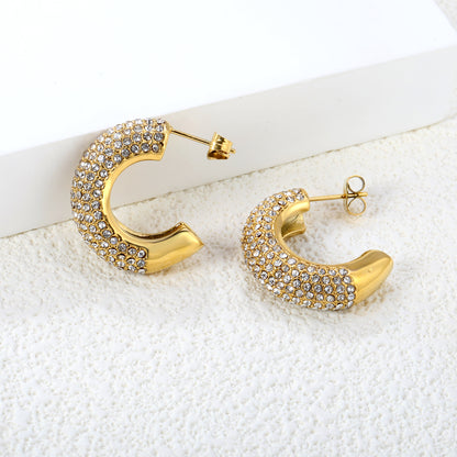 7.7*25mm C Shape Hoop Earrings Piercing Women Gold Plated Copper Cubic Zirconia Jewelry