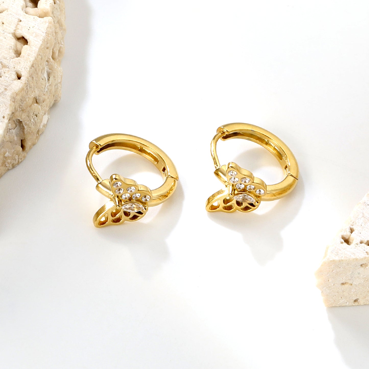 Wholesale Nature-Inspired Earrings – Butterfly & Bee Designs with White Zircon/Czech Glass (Gold Stainless Steel, 2.2mm French Hook)