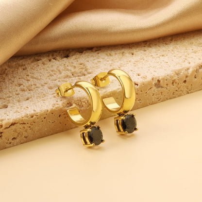 4.3*15mm C-shaped hoop with four scratches round white&black&purple&pink&green diamond stud earrings 6.2mm
