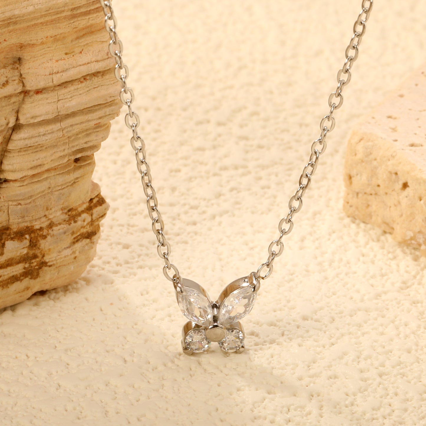 45+5cm Stainless Steel Necklace 8.8*9.1mm Dainty Zircon Butterfly Charm for Women Wholesale