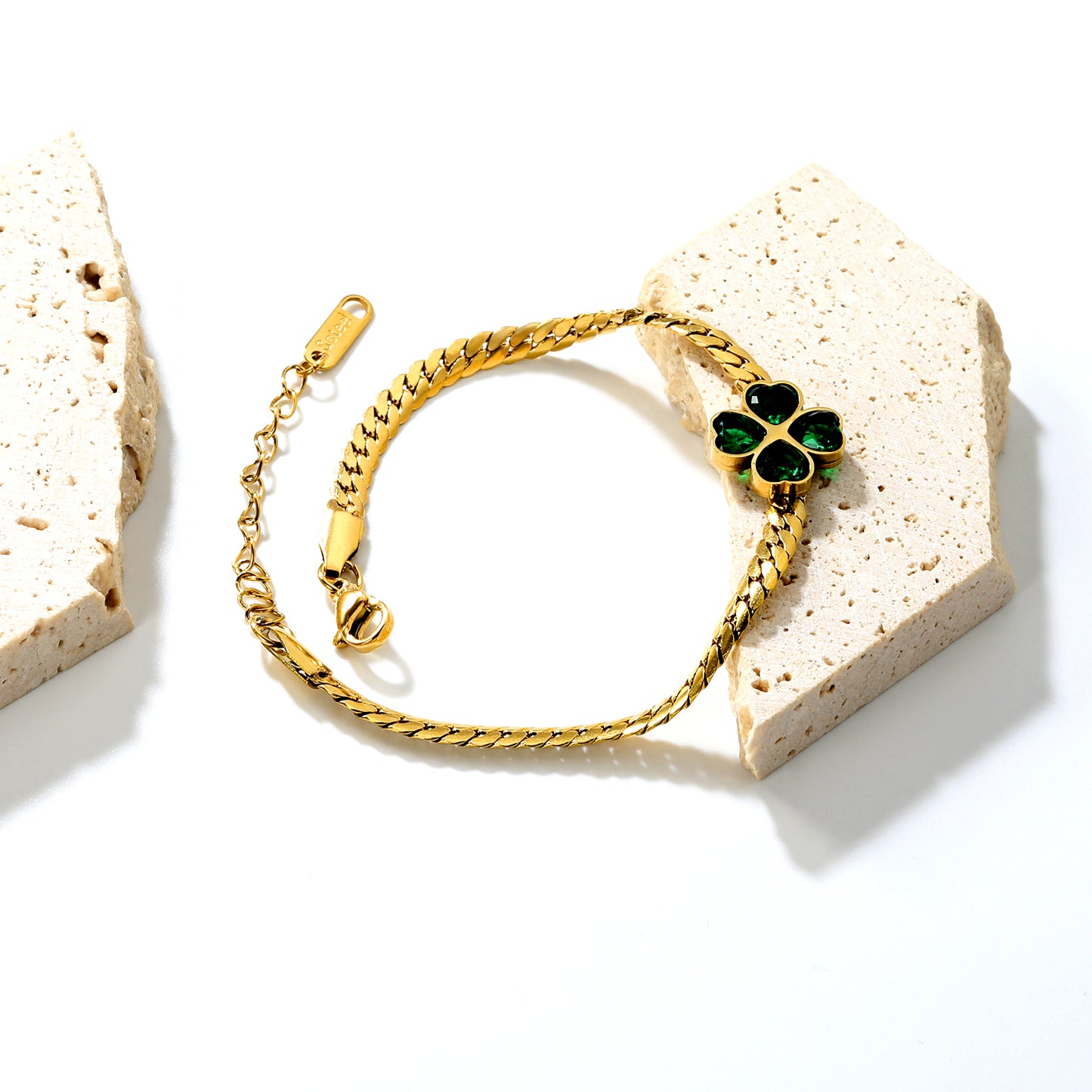 ✨ Wholesale Clover Green Zircon Bracelet - 13.5mm Stainless Steel w/ Dragon Chain 17+5cm (5.8g)