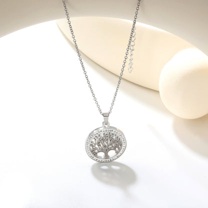✨ Wholesale Tree of Life Pendant Necklace - 21.9mm Hollow Circle w/ White Zircon | 40+5cm Stainless Steel Chain (5g)