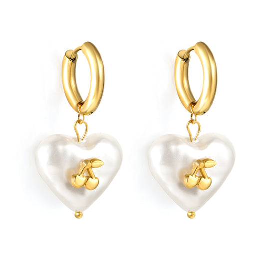 Cherry Pendant 18K Gold PVD 3*15mm Elegant Drop Earrings +  Luxury Resin 19*17mm Heart Pearl