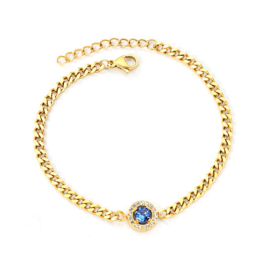 18K Gold Plated 17+3cm Chain 9.6mm Blue Zircon Necklace Bracelet Stainless Steel Fine Fashion Jewelry for wholesale fashion jewelry
