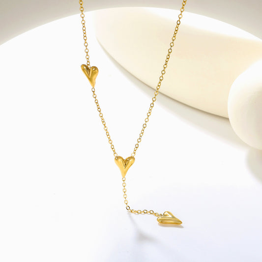 Wholesale Gold Stainless Steel Heart Charm Necklace | 3pcs 8x10.2mm Love Pendants | 40+5cm Adjustable Chain | 6mm Round End Tag | Bulk Jewelry Supplies