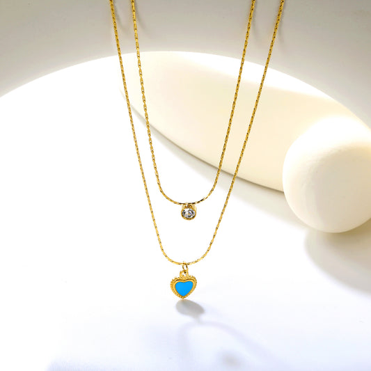 Bulk Double-Layer Gold Necklace Set | 5mm CZ Bar & Blue Dripping Love Heart Pendant | Adjustable Hammered Chains (50+40+5cm)