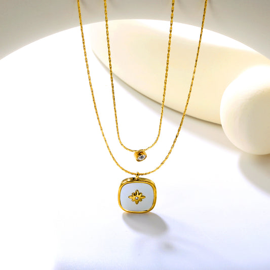 Bulk Double-Layer Gold Necklace Set | 5mm CZ Bar & 16mm Mother-of-Pearl Shell Pendant | 0.9mm Hammered Chains (Adjustable 50+40+5cm)
