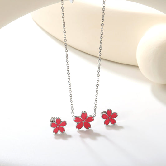 10mm Cherry Blossom Pink Enamel Stud Earrings + 12.5mm Pendant Set - 0.3mm Cross Chain (45+5cm) & 6mm Tag - Stainless Steel Wholesale Jewelry