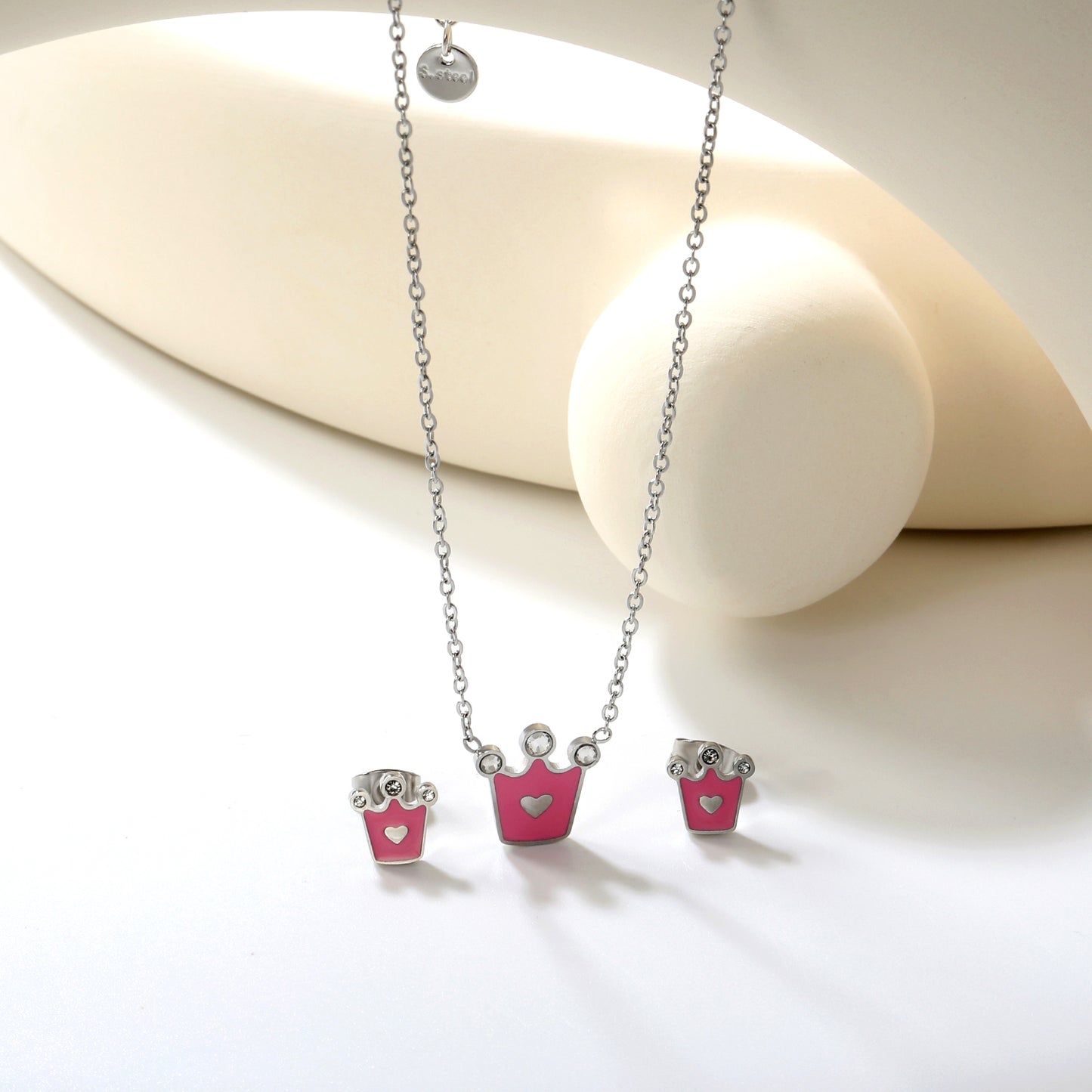 8x8.4mm Crown Pink Enamel Stud Earrings + 11.7x12mm Pendant Set - 0.35mm Cross Chain (45+5cm) & 6mm Tag - Stainless Steel Wholesale Jewelry