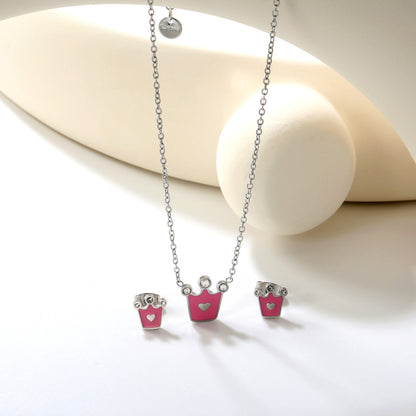 8x8.4mm Crown Pink Enamel Stud Earrings + 11.7x12mm Pendant Set - 0.35mm Cross Chain (45+5cm) & 6mm Tag - Stainless Steel Wholesale Jewelry
