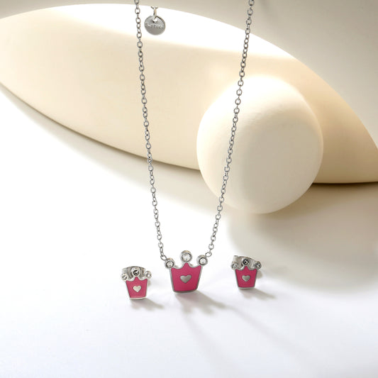8x8.4mm Crown Pink Enamel Stud Earrings + 11.7x12mm Pendant Set - 0.35mm Cross Chain (45+5cm) & 6mm Tag - Stainless Steel Wholesale Jewelry