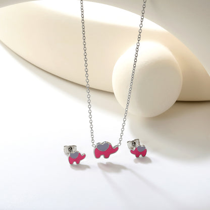 8.6x6.4mm Pink Enamel Elephant Stud Earrings + 12.2x9mm  Pendant Set - 0.3mm Chain (45+5cm) & 6mm Round Tag - Stainless Steel Wholesale Jewelry