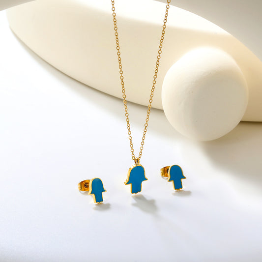 8.7x10.8mm Gold Stud Earrings + 10.7x13.6mm Pendant Set - 0.3mm Cross Chain (40+5cm) & 6mm Tag - Stainless Steel Wholesale Jewelry