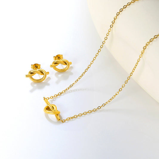 ✨ Dainty Knot Stud Earrings & Necklace Set Wholesale 8.6mm Gold Jewelry | Adjustable 42+5cm Thin Chain | Stainless Steel Bulk