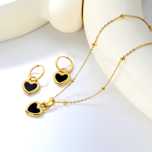 ✨ Wholesale Black Shell Heart Earrings & Pendant Set 13.9x18.1mm | 47+5cm Chain | Stainless Steel Jewelry Bulk Order