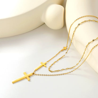 ✨Wholesale Gold Cross Necklace Set 3-Piece Layered (5-31.3mm) + 18.8mm Crucifix | 40+5cm & 45+5cm Chains | Stainless Steel Bulk