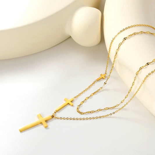 ✨Wholesale Gold Cross Necklace Set 3-Piece Layered (5-31.3mm) + 18.8mm Crucifix | 40+5cm & 45+5cm Chains | Stainless Steel Bulk