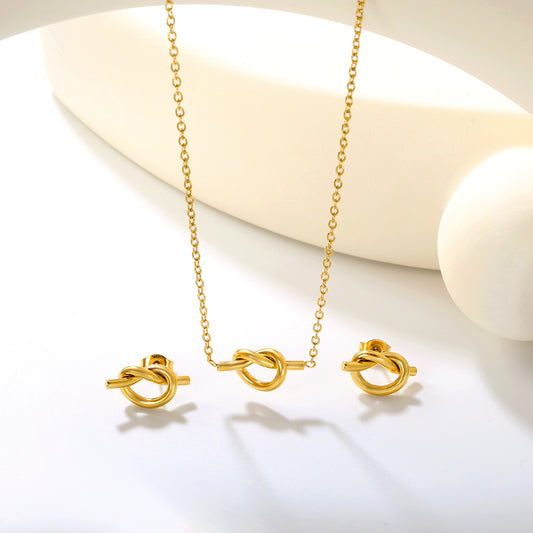 ✨ Dainty Knot Stud Earrings & Necklace Set Wholesale 8.6mm Gold Jewelry | Adjustable 42+5cm Thin Chain | Stainless Steel Bulk
