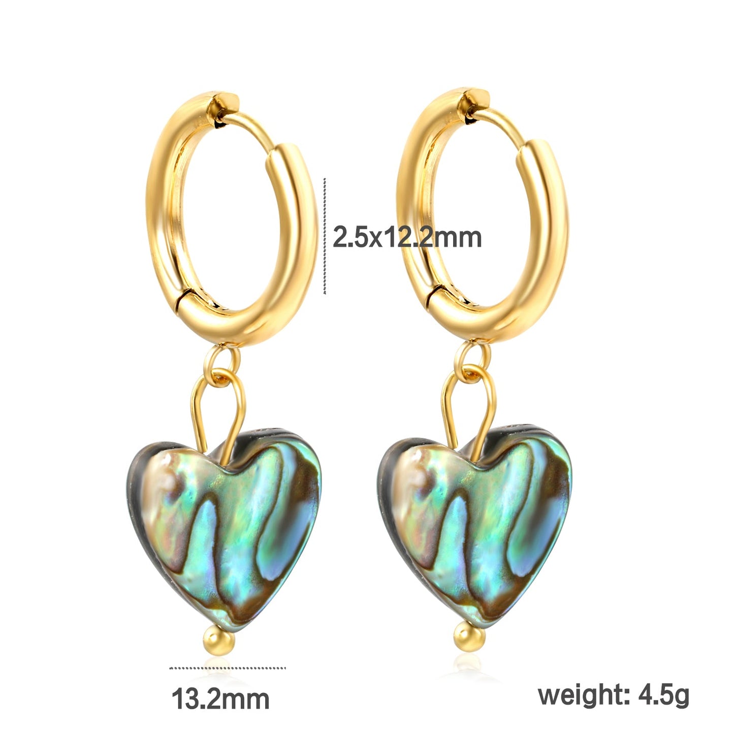 2.5*12.2mm inner diameter circle+12.2*11.5mm heart-shaped abalone shell earrings Gold color