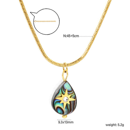 9.3*13mm Teardrop Abalone Shell with Octopus White Diamonds Pendant Necklace 1.3mm*45+5cm+6mm Round Plaque Gold Color