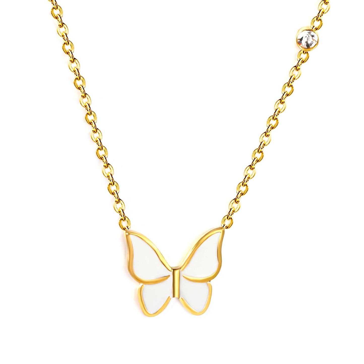15.5*14mm butterfly with white/red/green/blue oil drop pendant + 3.5mm round white diamond necklace 43+5cm+6mm round tag Gold color