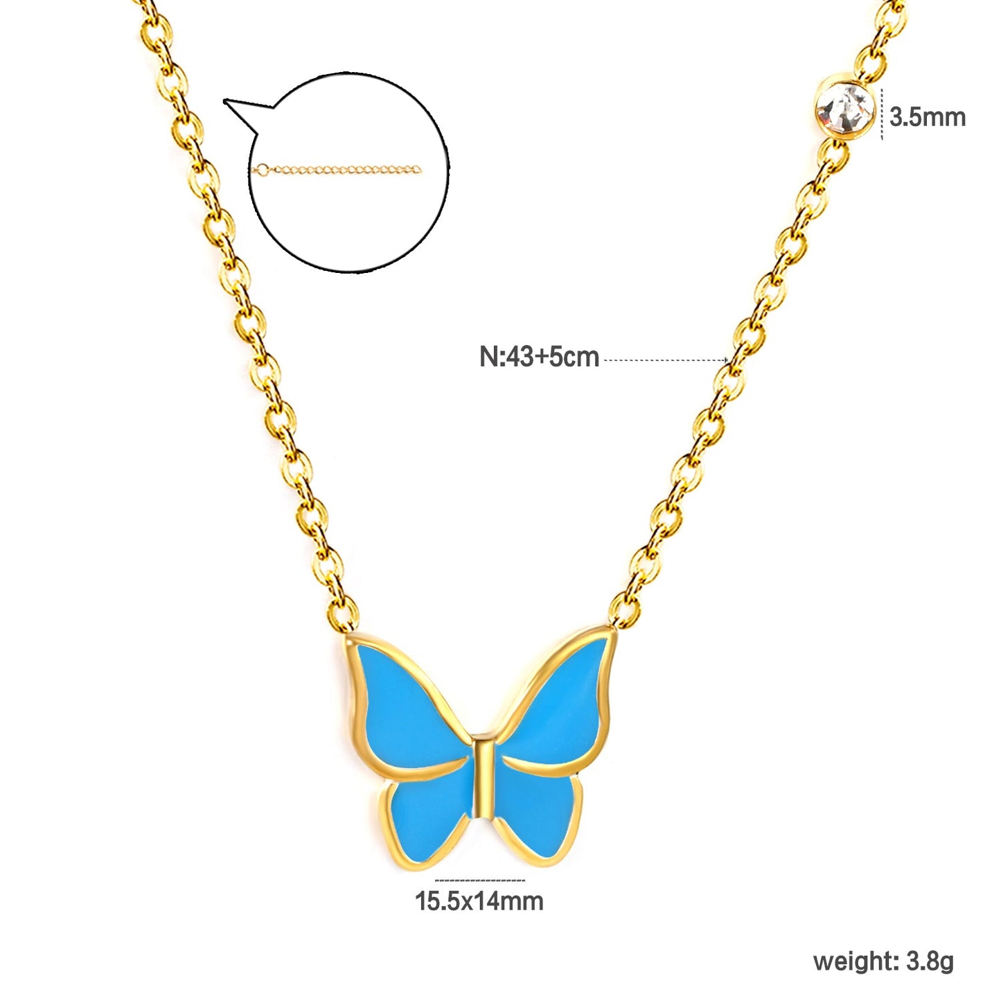 15.5*14mm butterfly with white/red/green/blue oil drop pendant + 3.5mm round white diamond necklace 43+5cm+6mm round tag Gold color