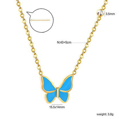 15.5*14mm butterfly with white/red/green/blue oil drop pendant + 3.5mm round white diamond necklace 43+5cm+6mm round tag Gold color